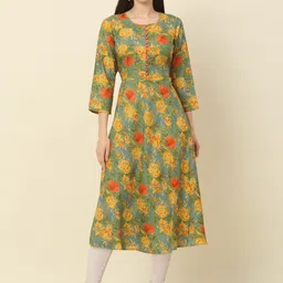 Anouk Green & Yellow Floral Printed Round neck Pure Cotton A-Line Kurta-0