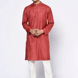 Fabindia Men Red Striped Cold-Shoulder Sleeves Thread Work Kurta-picture-12