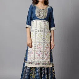AURELIA Women Teal & Off White Floral Printed Kurta-picture-7