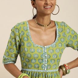 Taavi Women Green & Blue Handblock Floral Printed Anarkali Kurta-image-33