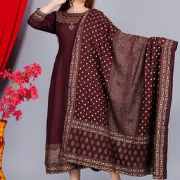 KALINI Ethnic Motifs Printed Fit & Flare Midi Ethnic Dress With Dupatta-image-58