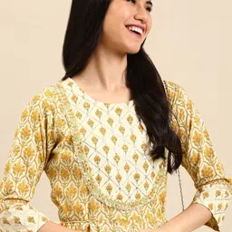 SHOWOFF Women Cream Printed Mirror Work Floral Anarkali Kurta-image-5