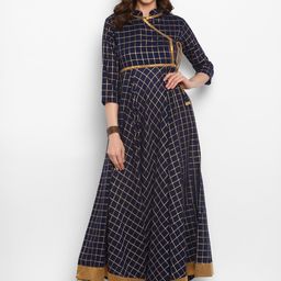 KALINI Checked Mandarin Collar Cotton Angrakha Kurta-9