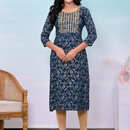 KALINI Floral Printed Round Neck Mirror Work Straight Kurta-image-59