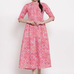 Indibelle Pink & White Ethnic Motifs Cotton Ethnic A-Line Midi Dress-image-100