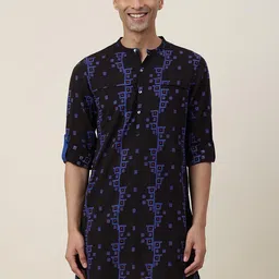 Fabindia Geometric Printed Mandarin Collar Roll Up Sleeves Pure Cotton Kurta-15