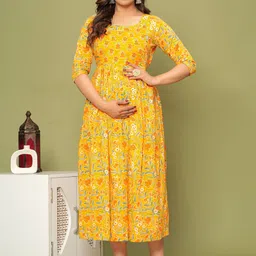 NITVAN Printed Printed Round Neck Three-Quarter Sleeves Anarkali Cotton Kurta-image-95