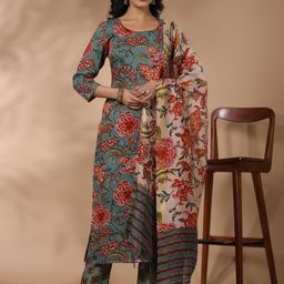 KALINI Floral Printed Kurta & Trousers With Dupatta-image-17
