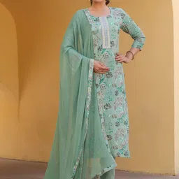 KALINI Floral Printed Sequined Straight Kurta with Trousers & Dupatta-picture-19