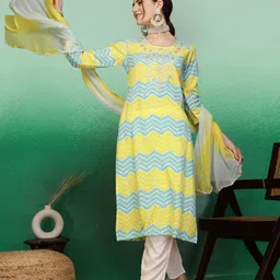 Sangria Yellow Lehariya Printed Thread Work Straight Kurta With Trouser & Dupatta Set image 1