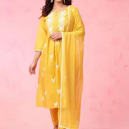Anouk Yellow Ethnic Motifs Embroidered Pure Cotton Kurta with Trousers & Dupatta-26