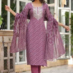 KALINI Leheriya Printed Thread Work Detailed Straight Kurta & Trouser With Dupatta-picture-5