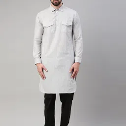 WHITE HEART Men Grey Pathani Pure Cotton Kurta-image-57