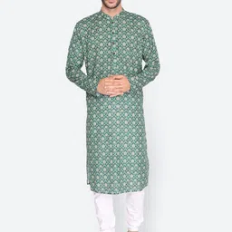 NAMASKAR Men Green Geometric Checked Thread Work Pathani Kurta-6