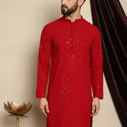 Anouk Maroon Geometric Embroidered Sequined Mandarin Collar Pure Cotton Straight Kurta-33