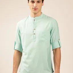 Anouk Blue Striped Woven Design Mandarin Collar Roll-Up Sleeves Zari Pathani Kurta-image-73