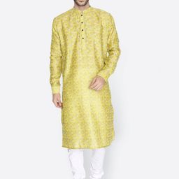 NAMASKAR Men Mustard Yellow & Blue Self Design Cotton Blend Kurta-picture-28