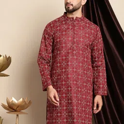 Anouk Ethnic Motifs Printed Band Collar Cotton Linen Regular Kurta-picture-56