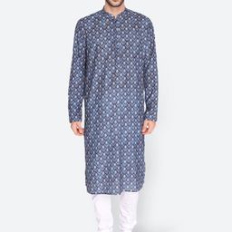 NAMASKAR Men Blue Floral Printed Cotton Linen Kurta-image-73