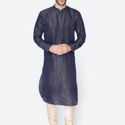 NAMASKAR Men Navy Blue Dupion Silk Printed Kurta-picture-35