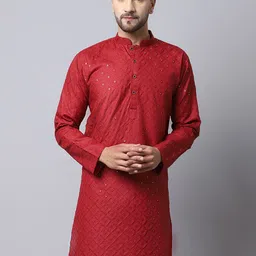 Kaifoo Men Maroon Embroidered Kurta-image-8