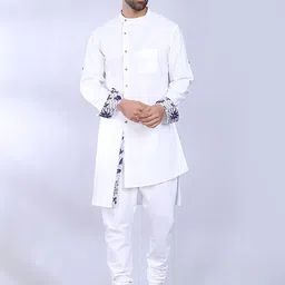 MIDAV Band Collar Roll Up Sleeve Angrakha Asymmetric Fusion Straight Cotton Kurta-picture-1