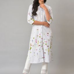 W Floral Printed Band Collar Straight Kurta-image-9