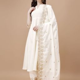 KALINI Mandarin Collar Thread Work A-Line Kurta With Palazzos & Dupatta image 1