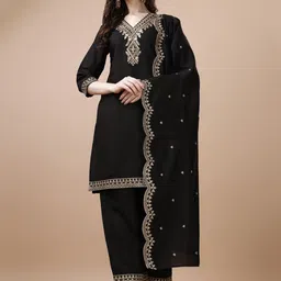 KALINI Ethnic Motifs Embroidered Regular Thread Work Kurta with Palazzos & Dupatta image 1