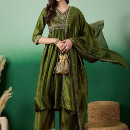 Sangria Floral Embroidered A-Line Kurta With Palazzo & Dupatta-22
