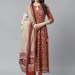Yuris Women Maroon & Peach-Coloured Printed Kurta with Palazzos & Dupatta-picture-3