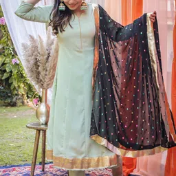Thread & Button Women Green Panelled Kurta with Trousers & With Dupatta image 2