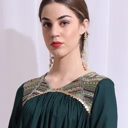 Anouk V-Neck Thread Work A-Line Flared Kurta with Palazzos & With Dupatta image 2
