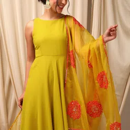 Inddus Mustard Yellow Layered Thread Work Flared Anarkali Kurta With Trousers & Dupatta image 3