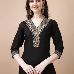 KALINI Ethnic Motifs Embroidered Regular Thread Work Kurta with Palazzos & Dupatta image 2