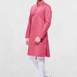 SHIWAM ETHNIX Men Pink & Blue Polka Dot Printed Block Print Kurta Plus Size image 5