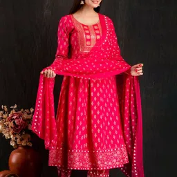 D K W Ethnic Motifs Printed Sequinned Detailed Anarkali Kurta & Trouser With Dupatta image 3
