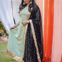 Thread & Button Women Green Panelled Kurta with Trousers & With Dupatta image 3