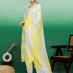 Sangria Yellow Lehariya Printed Thread Work Straight Kurta With Trouser & Dupatta Set image 3