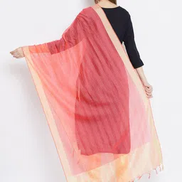 Clora Creation Peach-Coloured & Gold-Toned Striped Tissue Silk Dupatta image 3