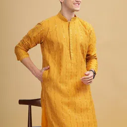 Anouk Yellow Ethnic Embroidered Mandarin Collar Sequinned Lucknowi Cotton Straight Kurta-image-8