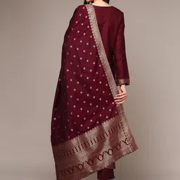 AHIKA Woven Design Zari Regular Kurta With Trousers & Dupatta image 4