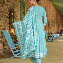 AHIKA Bandhani Printed A-Line Thread Work Kurta With Trousers & Dupatta image 4