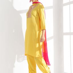Anouk Yellow Ethnic Motifs Yoke Design Thread Work Straight Kurta With Trouser & Dupatta image 4