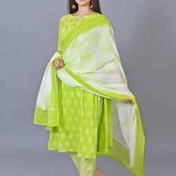 Moktika Floral Printed Mirror Work Regular Kurta with Trousers & Dupatta image 4