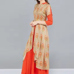 Kvsfab Beige & Orange Ethnic Motifs Printed Layered Maxi Fit & Flare Ethnic Dress image 4