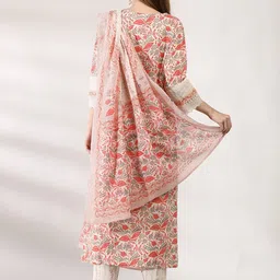 Anouk Floral Printed Regular Thread Work Pure Cotton Kurta With Trousers & Dupatta image 4