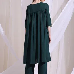 Anouk V-Neck Thread Work A-Line Flared Kurta with Palazzos & With Dupatta image 3