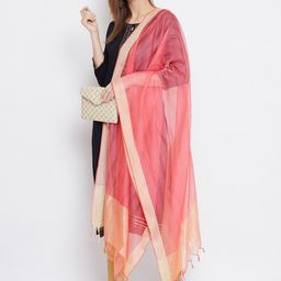 Clora Creation Peach-Coloured & Gold-Toned Striped Tissue Silk Dupatta image 5