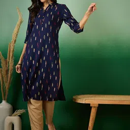 Sangria Abstract Printed Mandarin Collar Cotton Straight Kurta-image-69